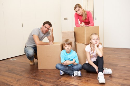 Packed office items prepared for transport during a business move in Knightsbridge