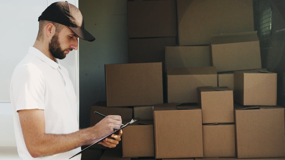A man wearing a white t-shirt and a black baseball cap is standing inside a storage area or loading bay, writing notes or a checklist on a clipboard with a pen. Behind him, stacked cardboard moving boxes of various sizes are visible, some sealed with packing tape. The boxes are arranged on the floor and against the wall, indicating preparation for a house or office relocation. In the background, part of a reflective window or door is visible, providing natural light that illuminates the scene. This setting illustrates the packing and loading process involved in professional removals services, such as those offered by Man and a Van Knightsbridge, supporting efficient furniture transport and home or office moves.